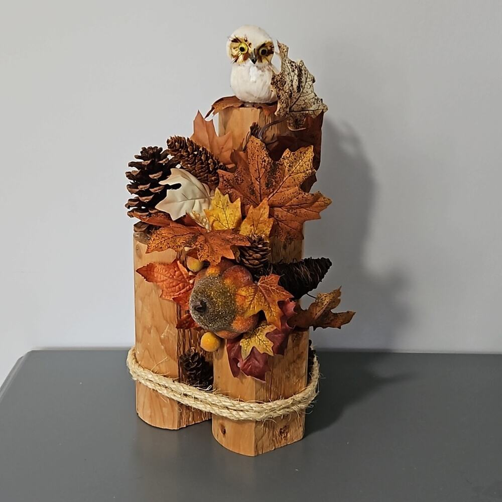 Handmade Fall Owl Shelf Sitter Decor - Rustic Wood Log & Autumn Leaves